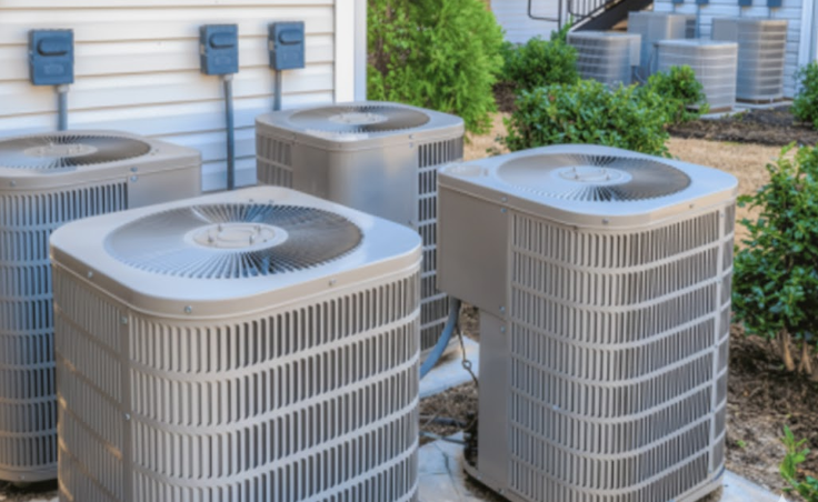 Several gray air conditioning units outside, with electrical boxes on a building's wall and green bushes nearby.
