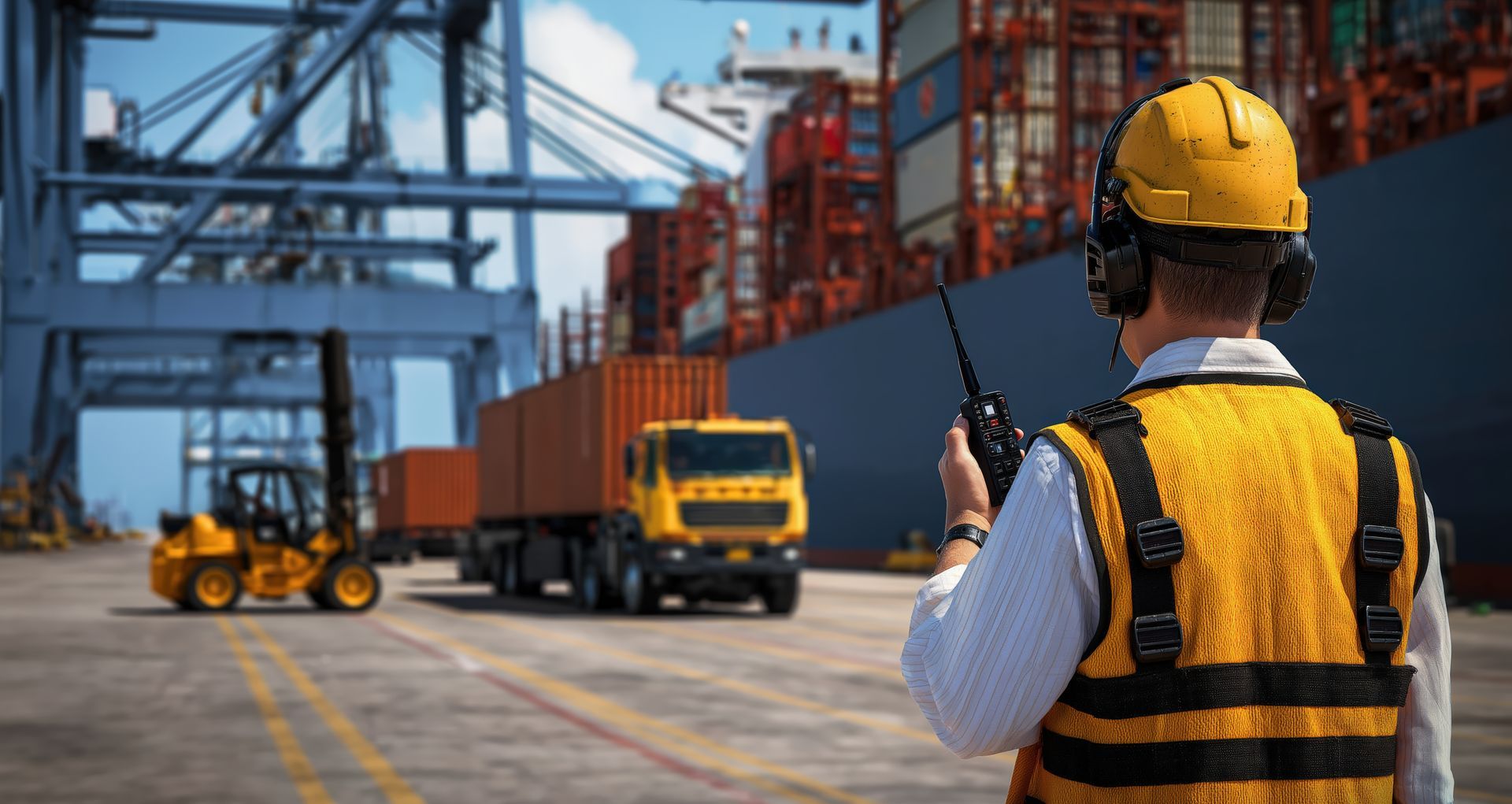 Un docker, vêtu d'un gilet haute visibilité et d'un casque de chantier, tient une radio et supervise les camions et les engins de chargement sur un terminal.