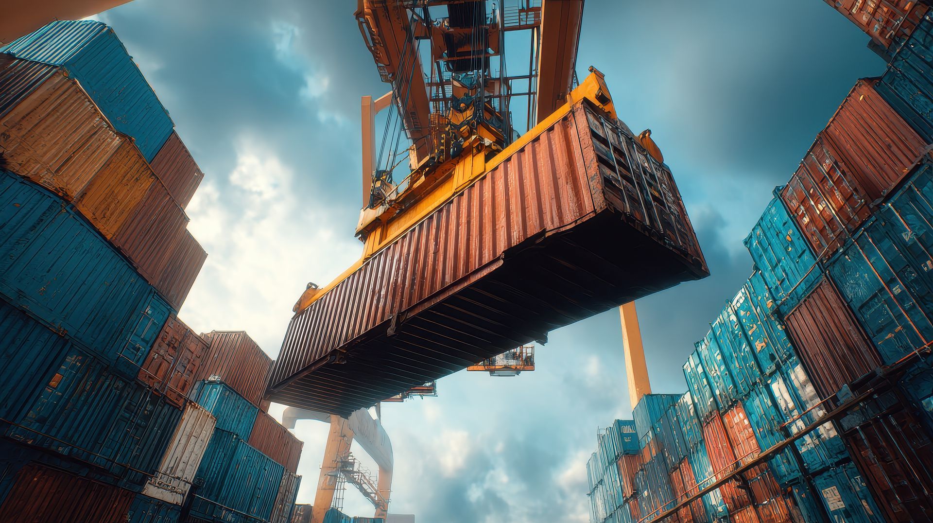 Une grue mobile jaune est stationnée à l'intérieur d'un entrepôt, ses stabilisateurs déployés et des contrepoids empilés sur sa plateforme arrière.