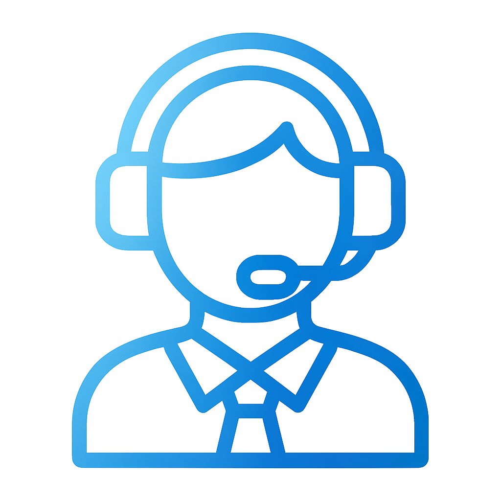 A blue icon of a man wearing a headset and tie.