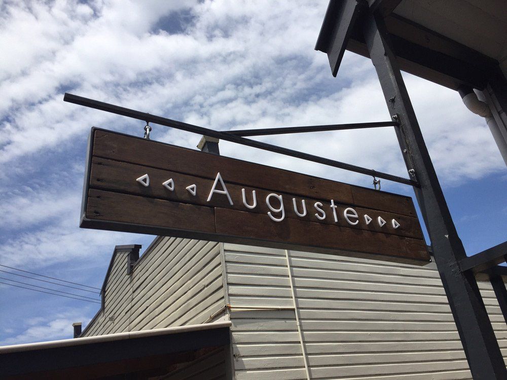 Auguste reclaimed timber with mild steel frame acrylic logo sign