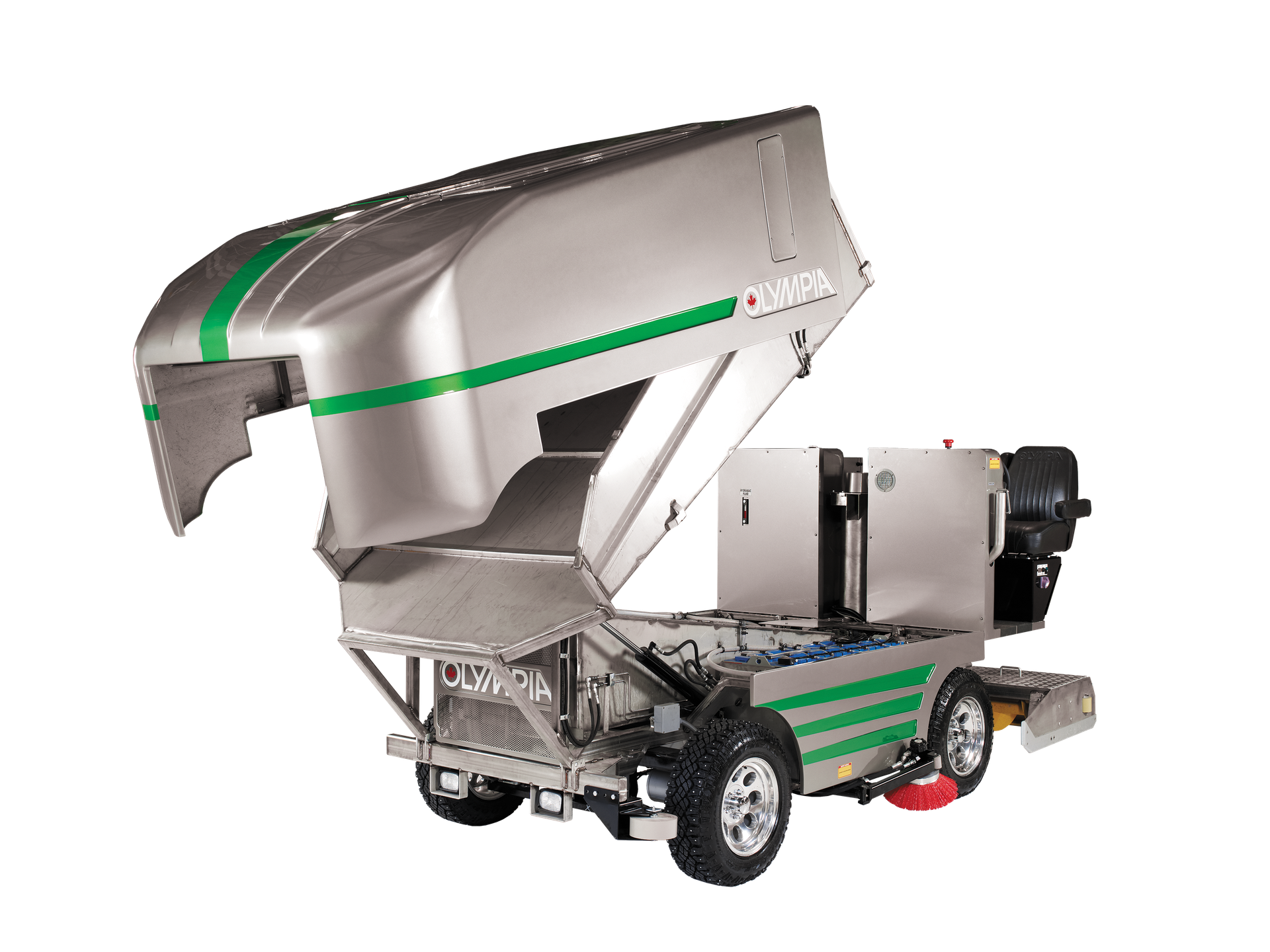 Silver COMAC cleaning machine with hood open, green stripes, four wheels, likely for airport use.