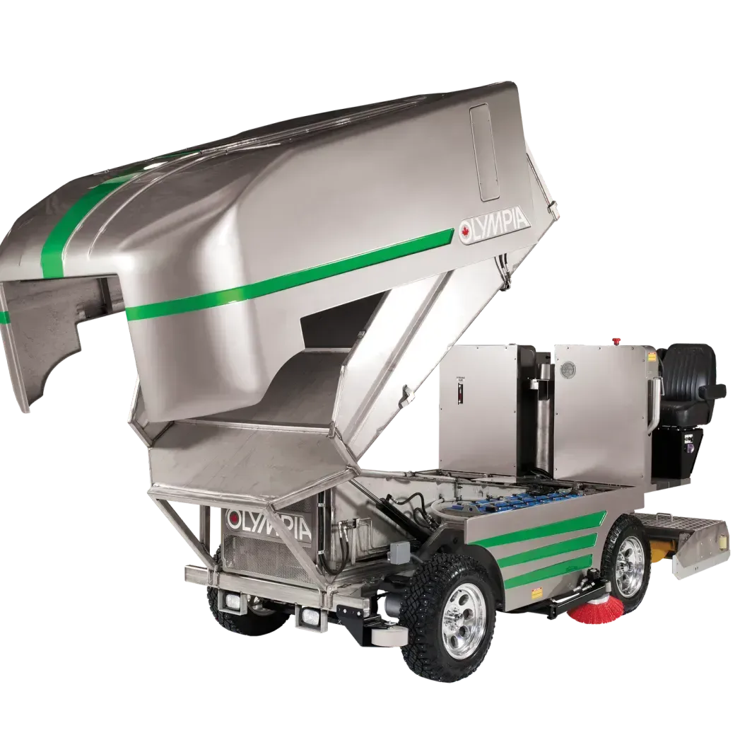 A silver and green vehicle with the hood open on a white background.
