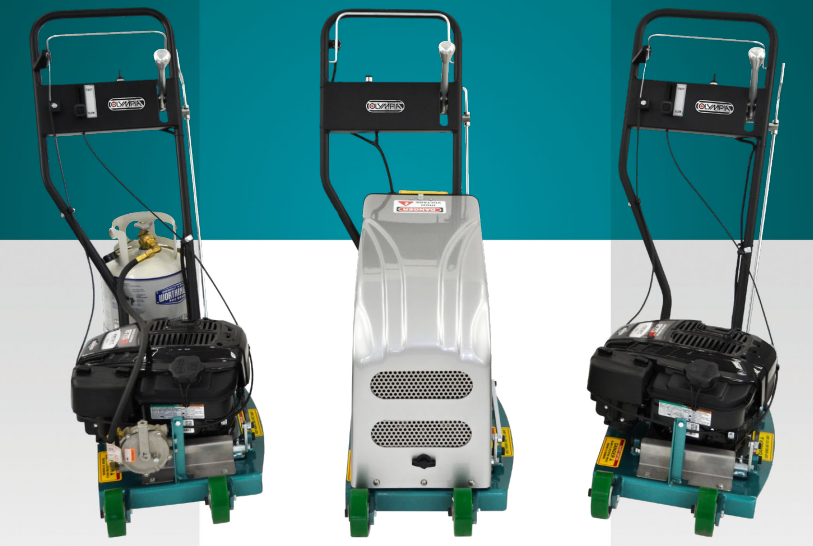 Three images of a lawn mower with a propane tank attached to it