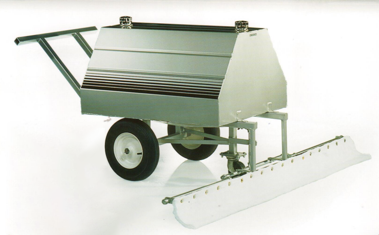 A cart with wheels and a scoop on it