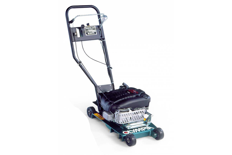 A small lawn mower with wheels and a handle on a white background.