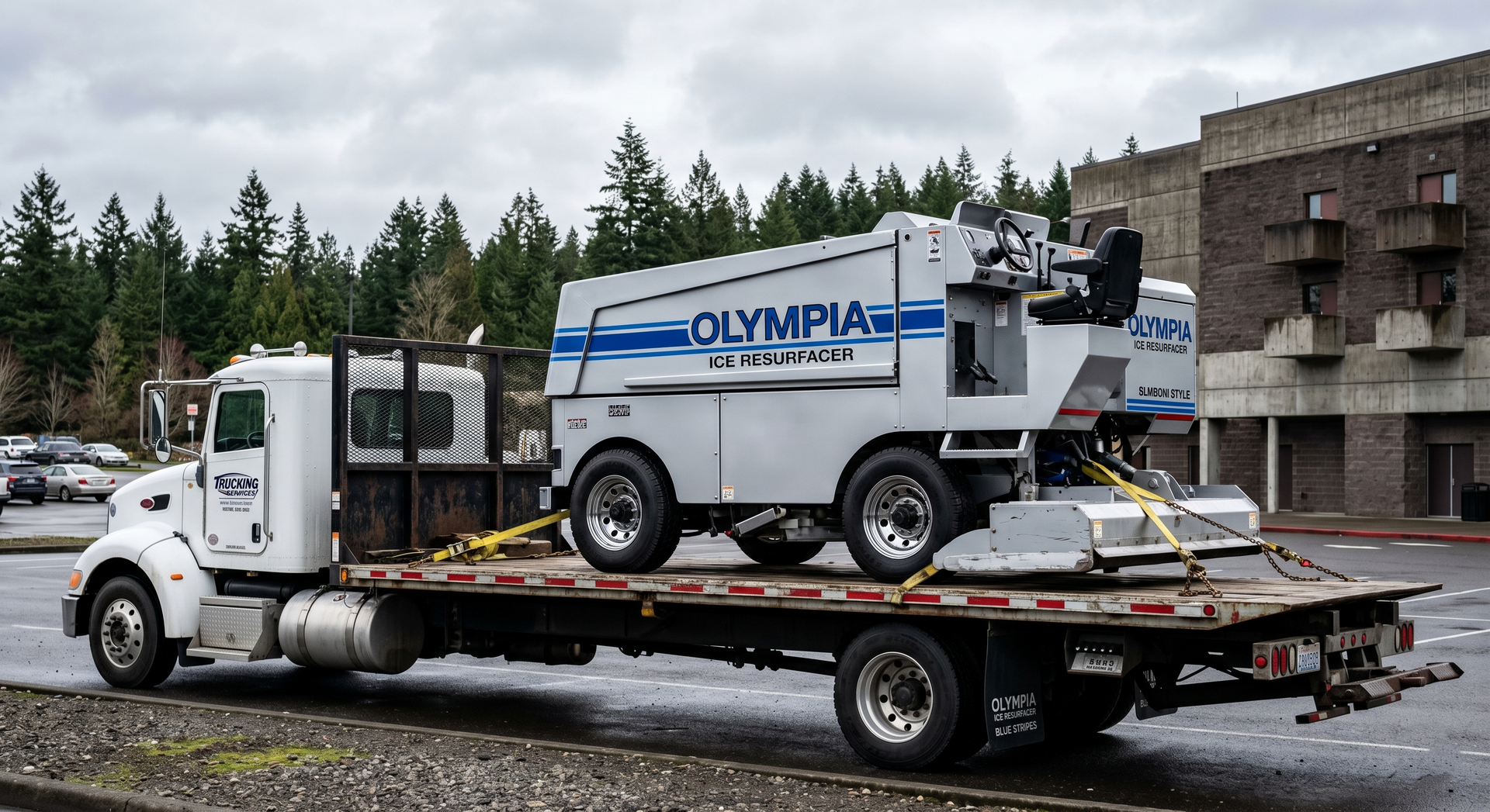 Tow truck hauling a white Olympia utility truck on a flatbed in a gravel lot, with trees and a building behind.