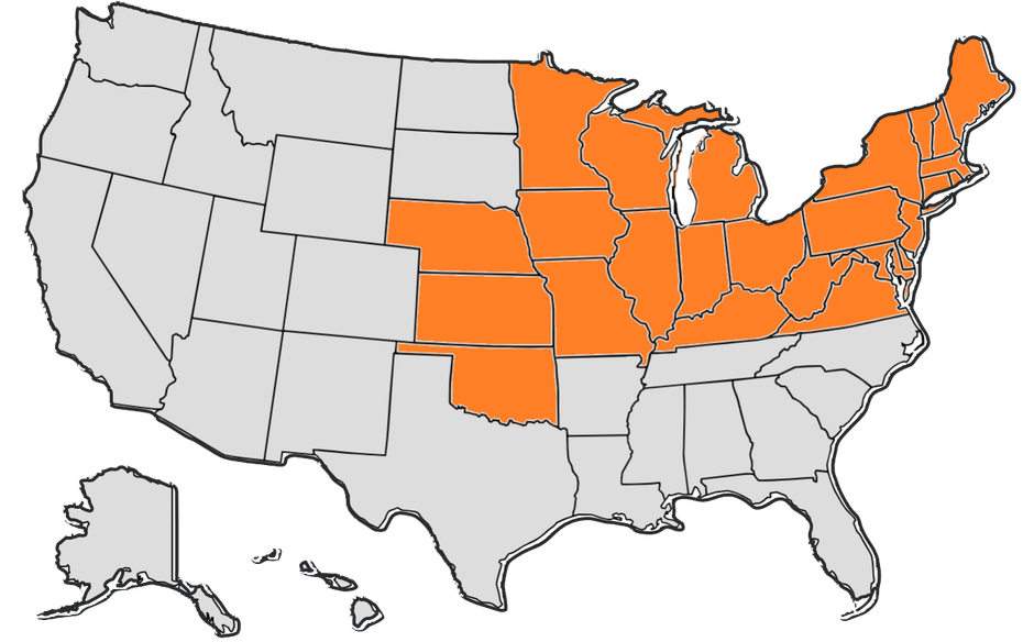 A map of the united states with states highlighted in orange