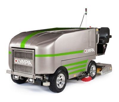 A gray and green cleaning machine is sitting on a white surface.