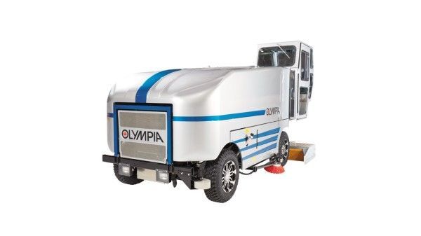 A white and blue truck with the word olympia on the front.