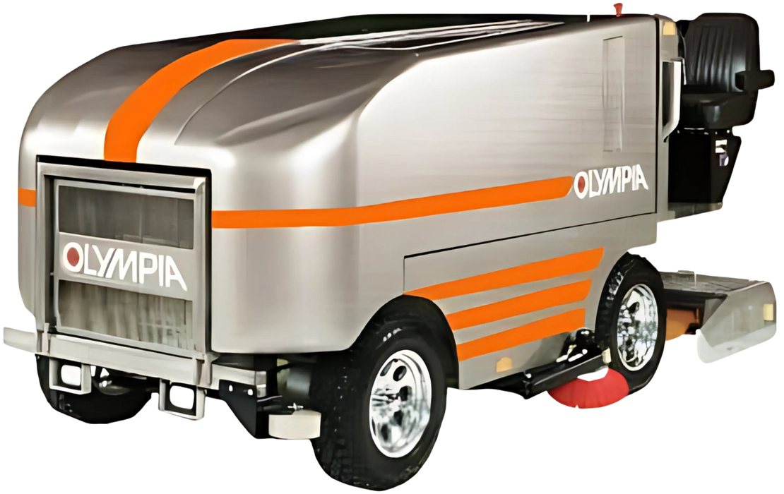 A gray and orange olympia cleaning truck on a white background