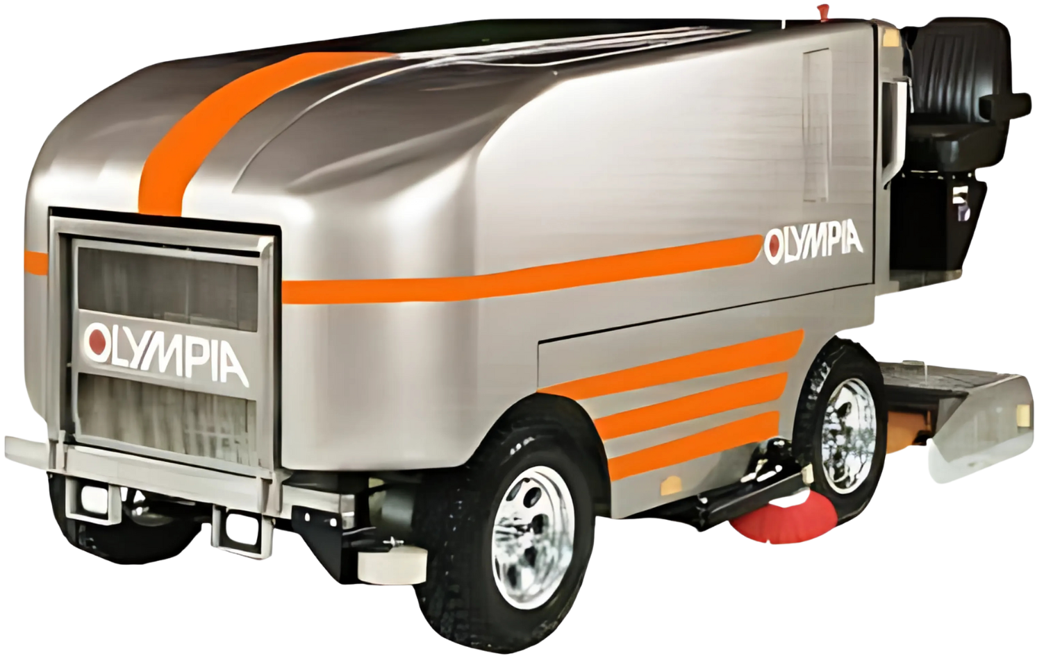 A gray and orange olympia cleaning truck on a white background