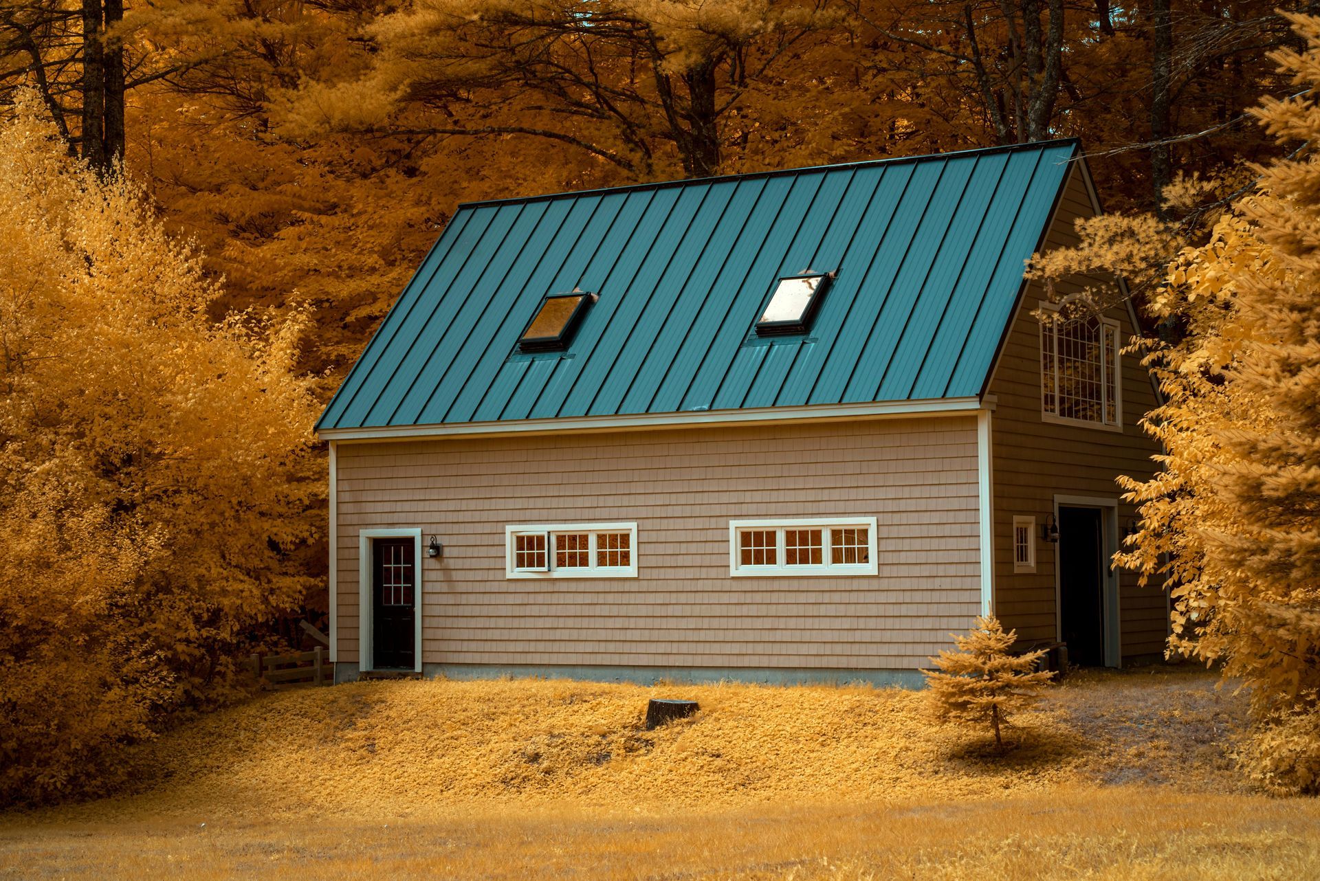 Small gray house with a teal roof in an autumn forest clearing