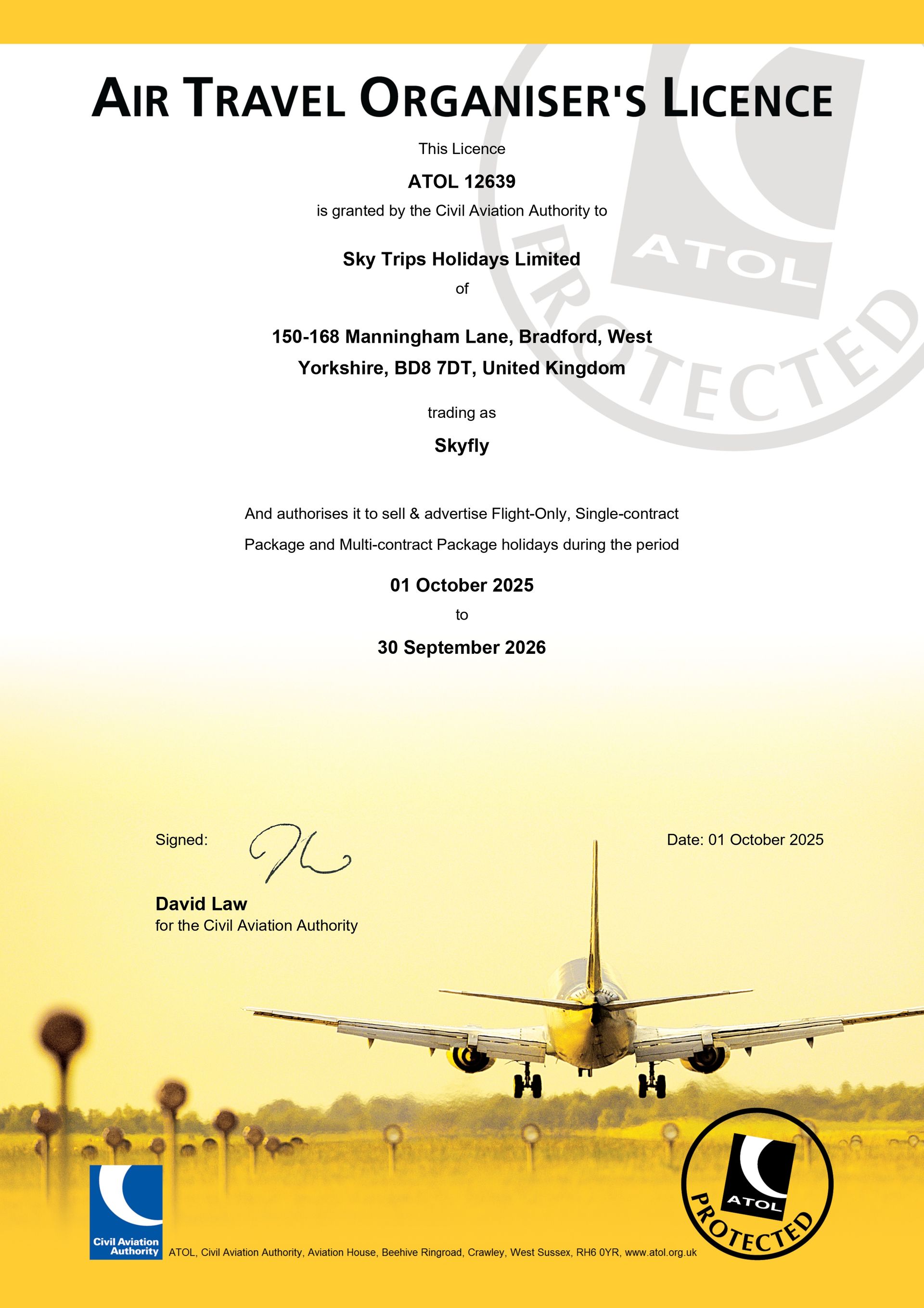 Air Travel Organiser's Licence with logo, issued to a travel agency, featuring an airplane on a runway.