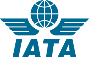 A blue logo for iata with a globe and wings