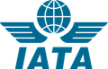 A blue logo for iata with a globe and wings