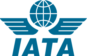 A blue logo for iata with a globe and wings