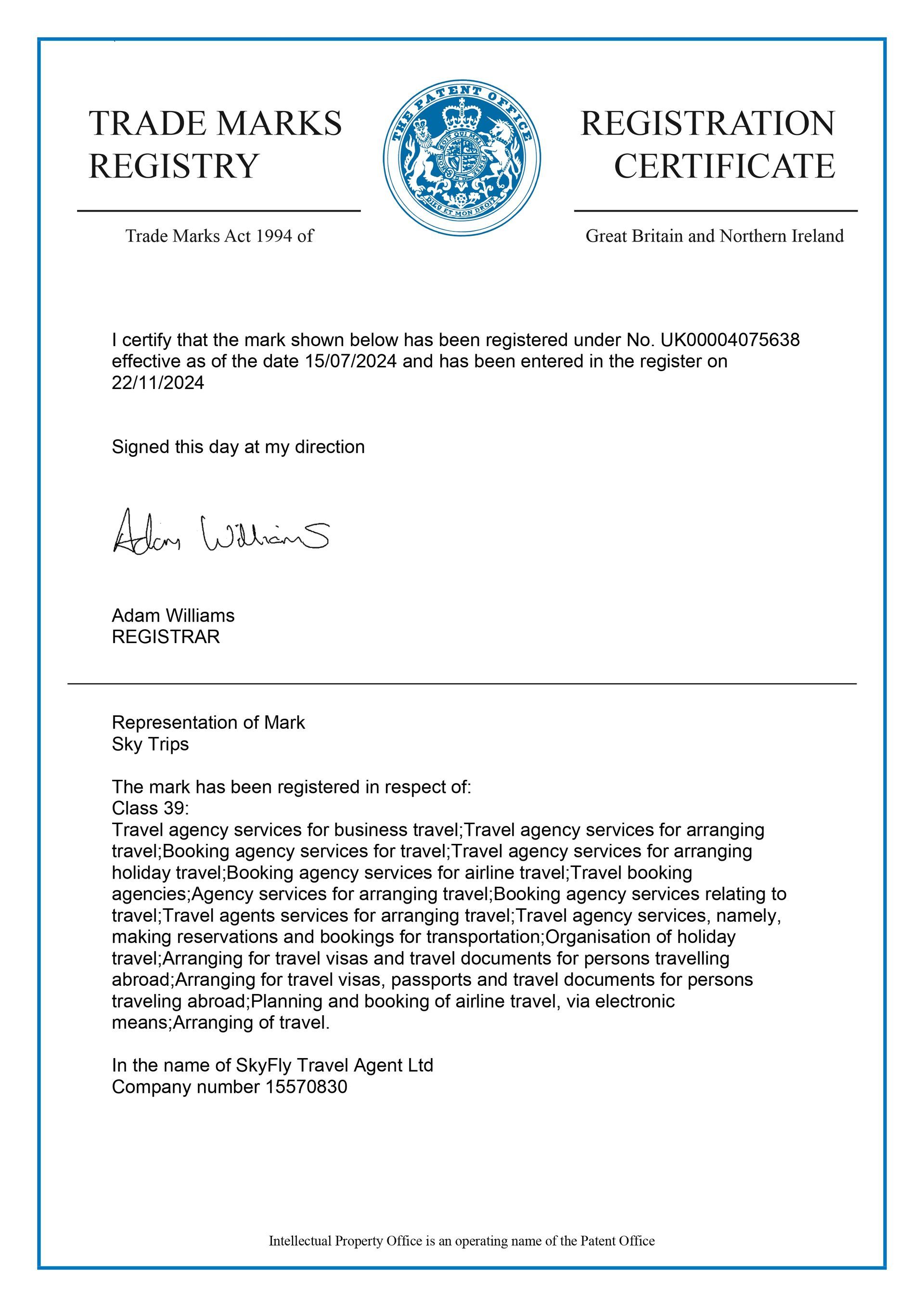 Trademark registration certificate. Text on white background, official seal, signature, and legal details.