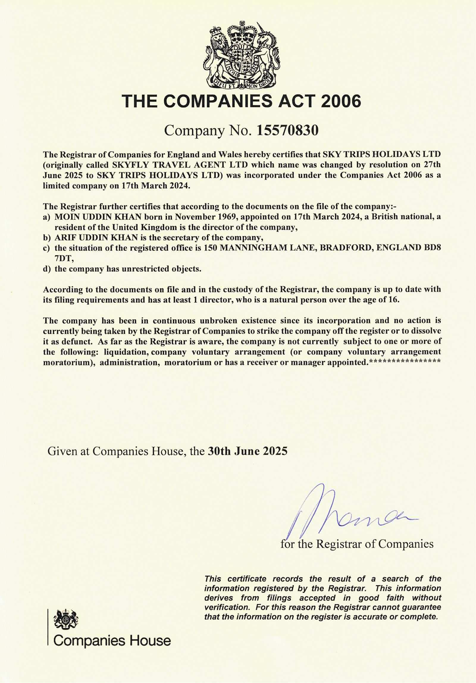 Document from the Companies Act 2006, Company No. 1567838, with text, a signature, and the Royal Coat of Arms.