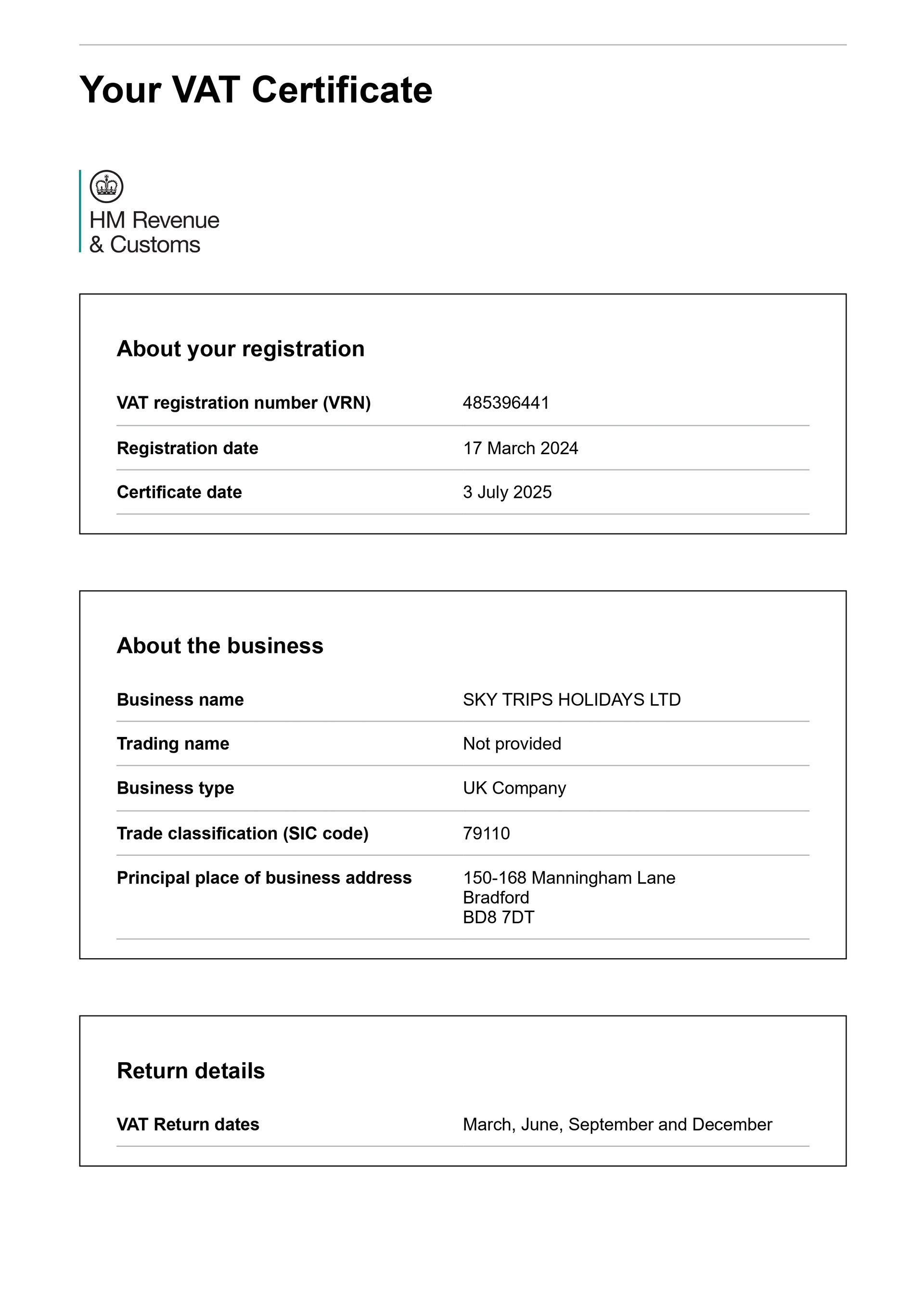 VAT certificate, registration details for