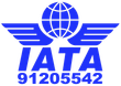 A blue logo for iata with a globe and wings