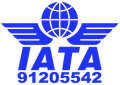 A blue logo for iata with a globe and wings