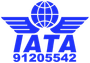 A blue logo for iata with a globe and wings