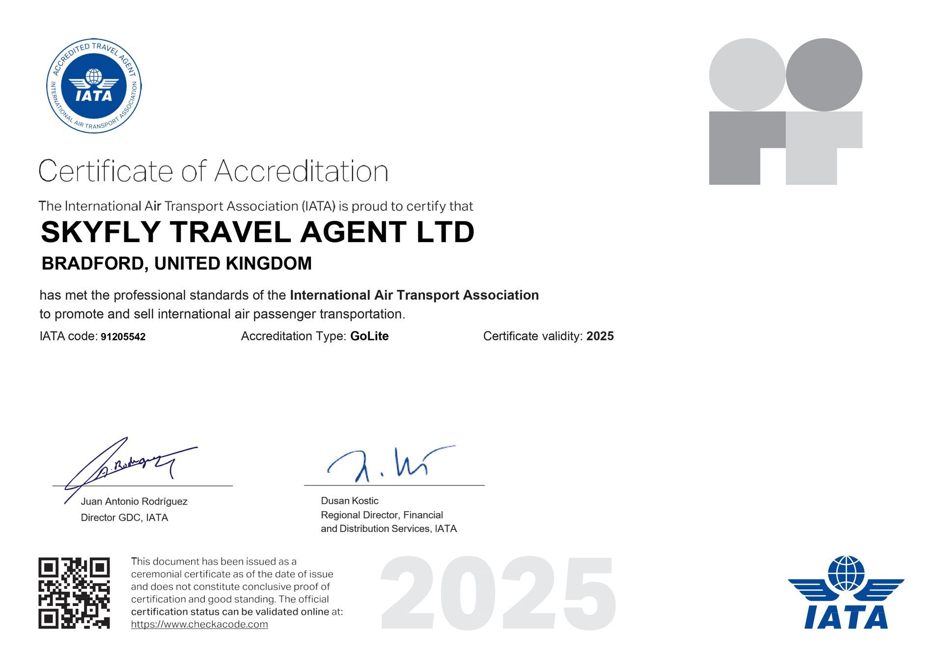 Certificate of Accreditation for Skyfly Travel Agent Ltd. from IATA in the UK, 2025.