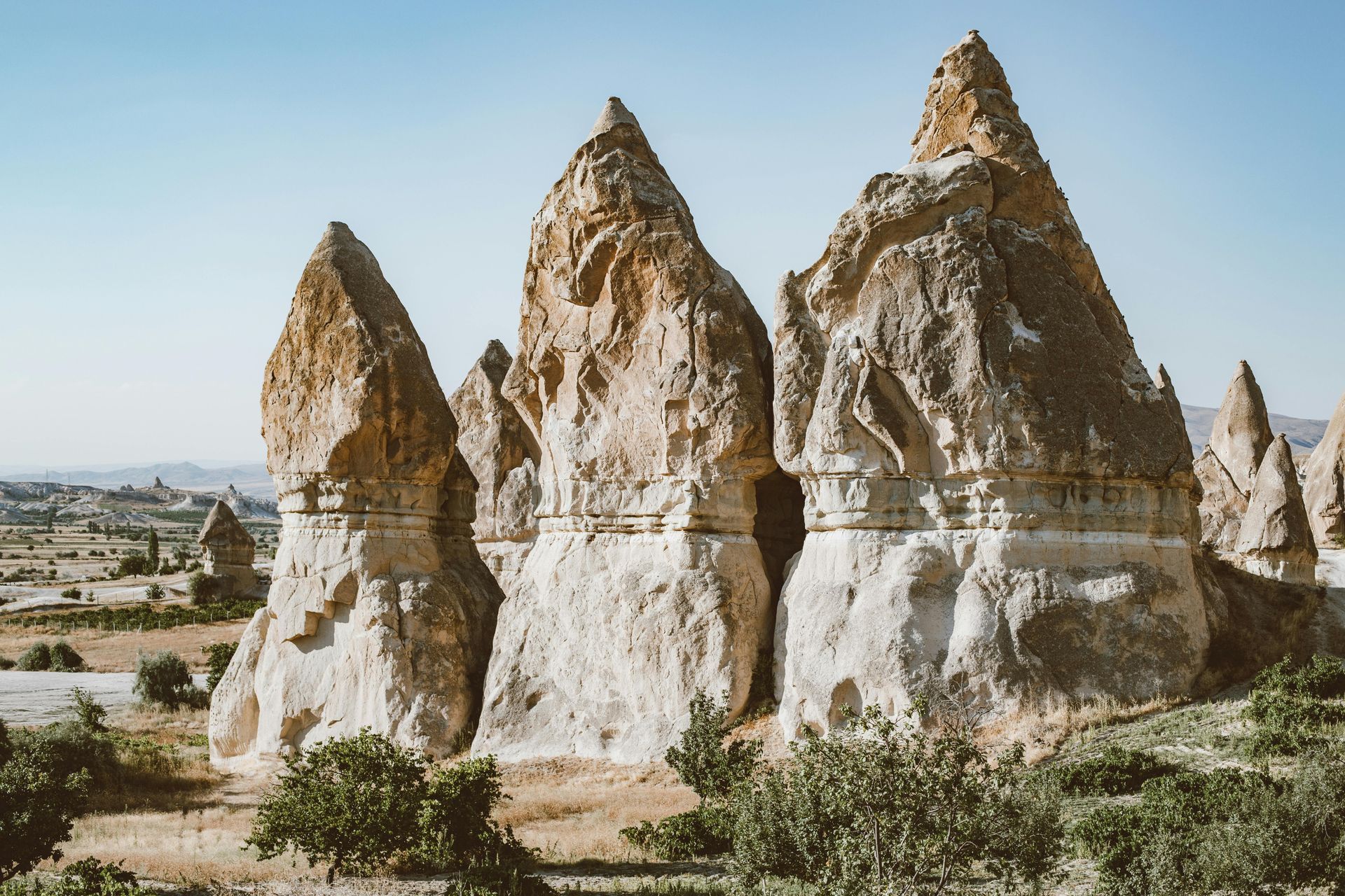 A group of rock formations in a desert with trees in the foreground.