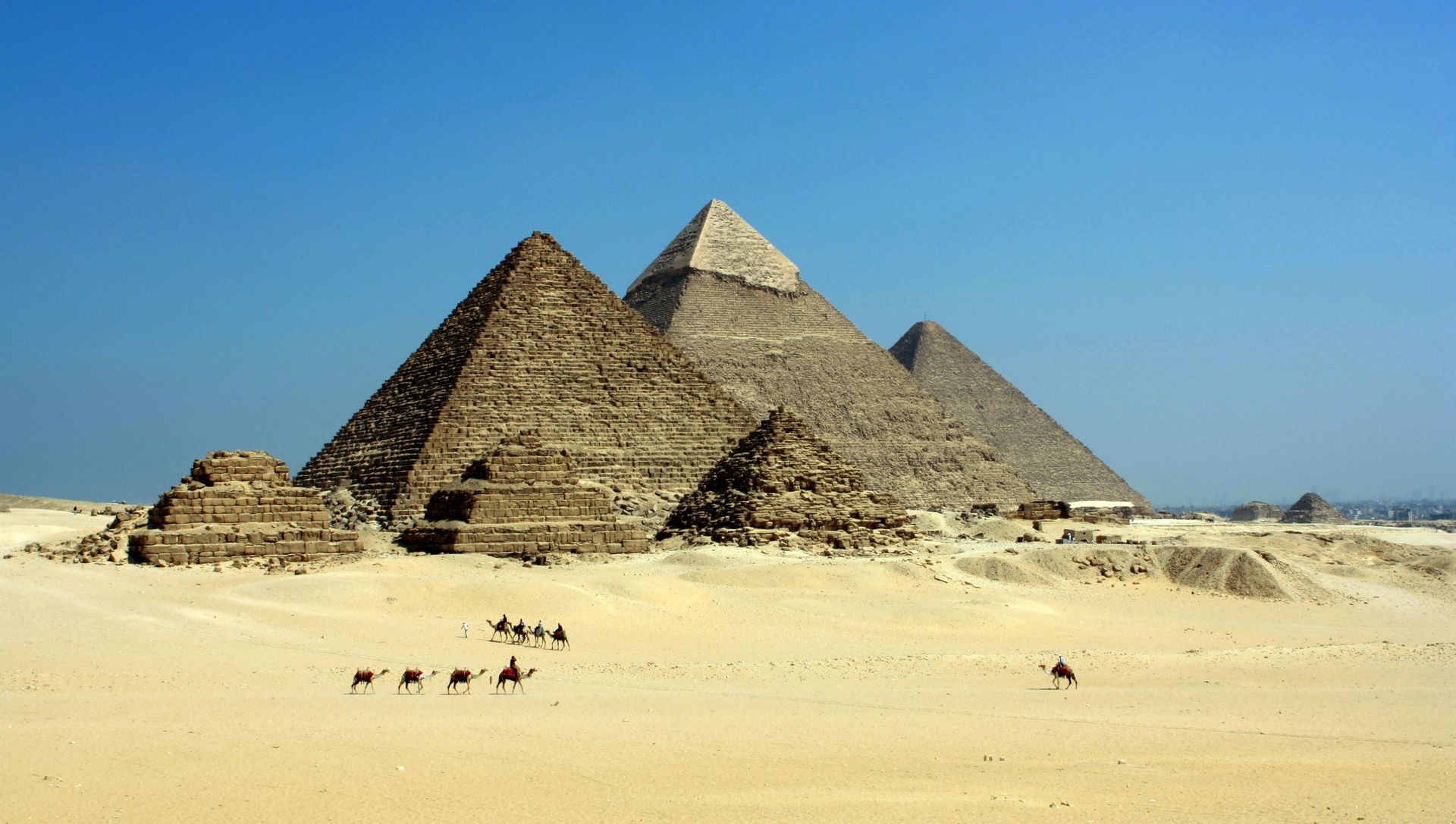 A group of camels are riding in front of three pyramids in the desert.