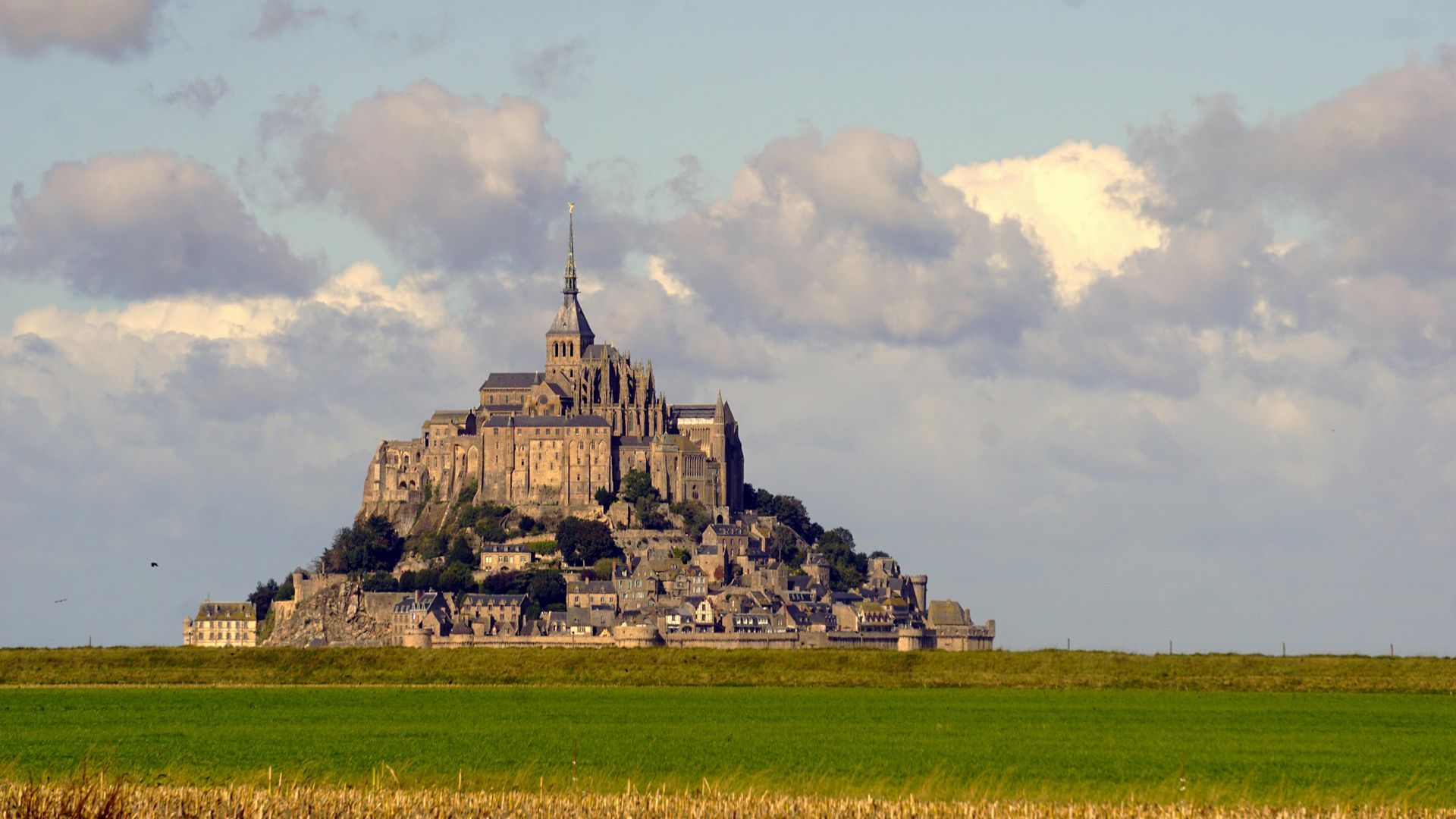 A castle on top of a hill in the middle of a field