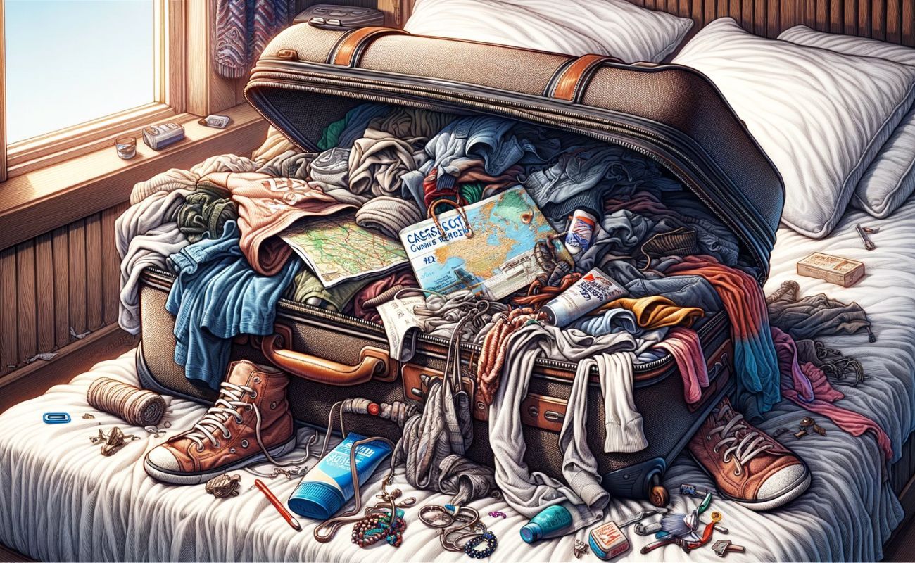 A half-packed suitcase, its zipper struggling to contain a chaotic jumble of clothing, sits precariously on the edge of a messy bed.