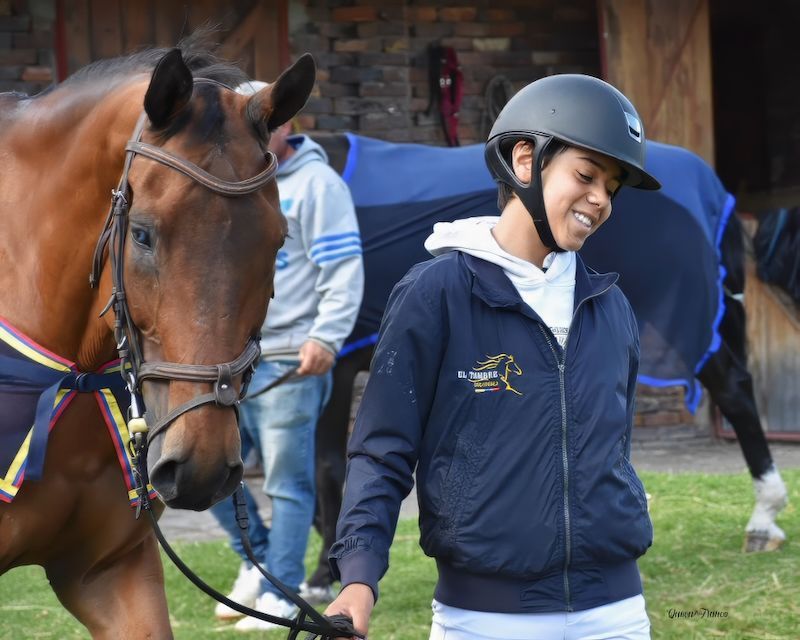 A woman wearing a helmet is walking a brown horse