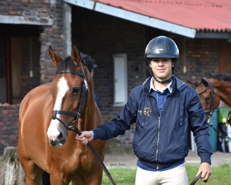 A man wearing a helmet stands next to a brown horse