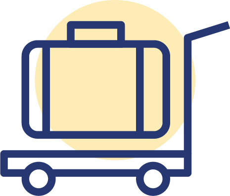 An icon of a suitcase on a cart with wheels.