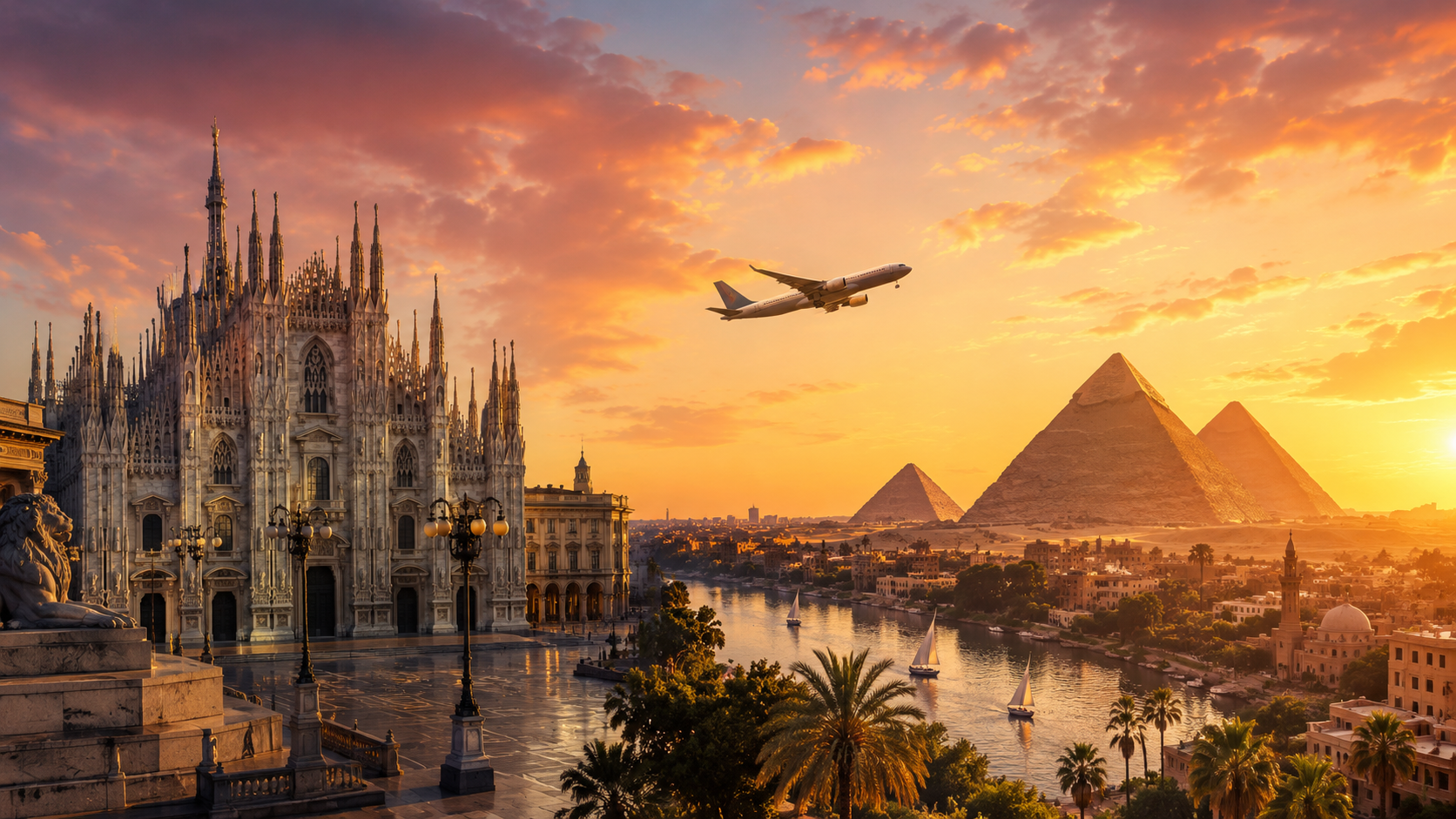 Sunset over a cathedral and pyramids with an airplane flying above the city