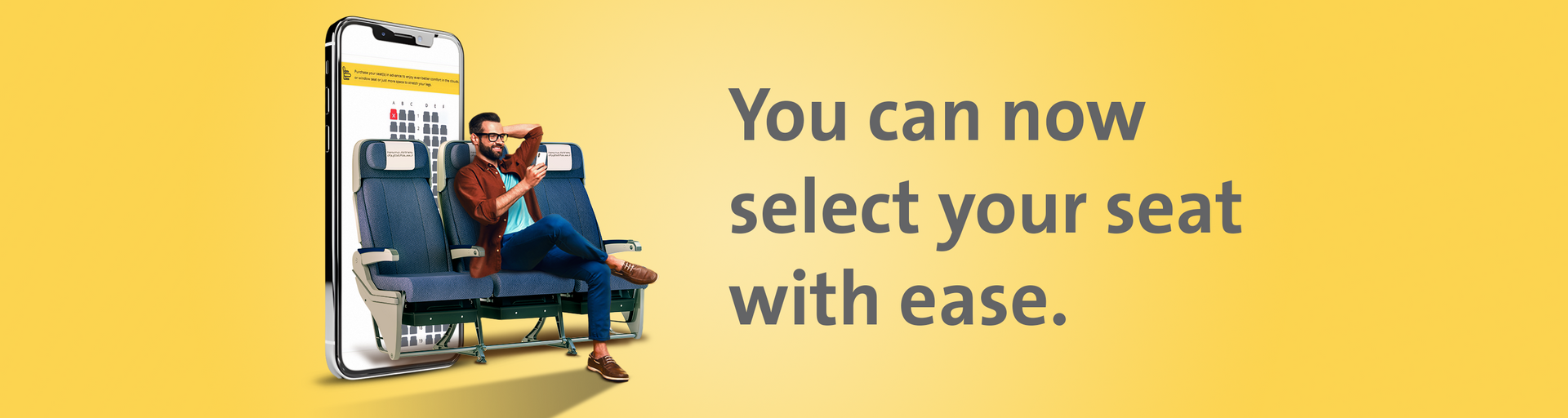 A woman is sitting on a bench next to a phone that says you can now select your seat with ease.