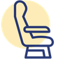 A blue line drawing of a chair with a yellow circle in the background.