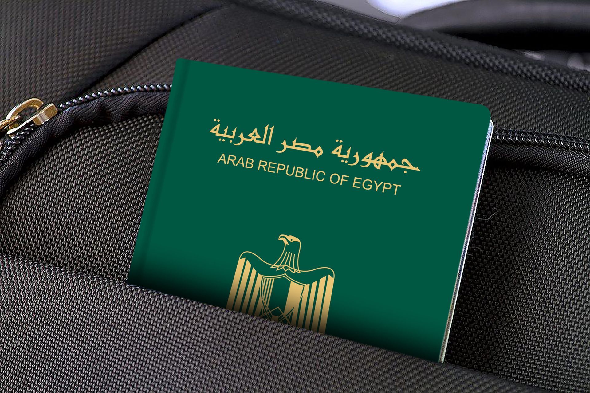 A green egyptian passport is in a black bag