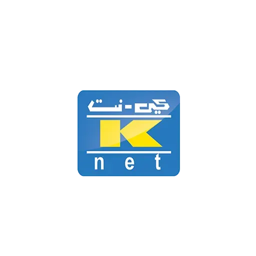 A blue and yellow k net logo on a white background