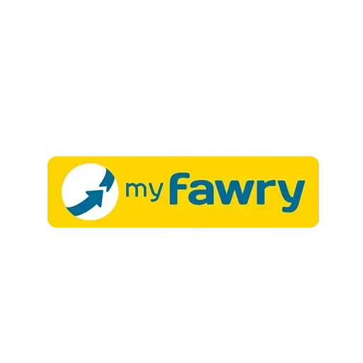 A yellow and blue logo for my fawry with an arrow