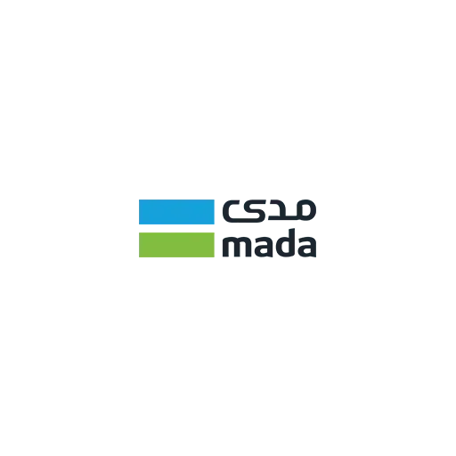 A blue and green logo for mada on a white background