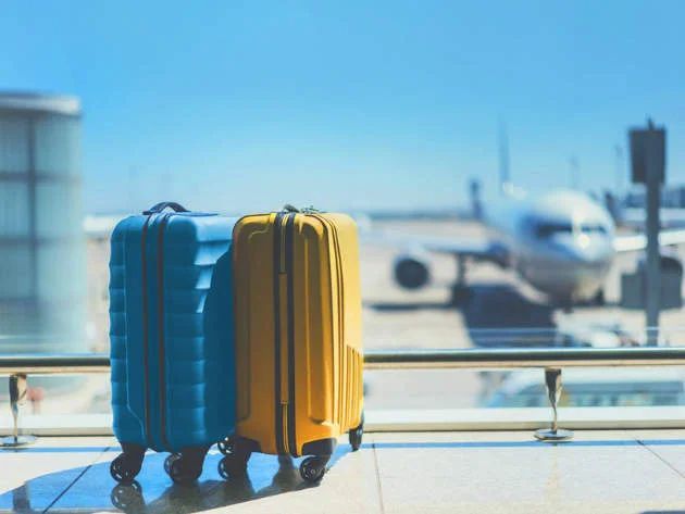 Two suitcases are sitting on a balcony at an airport with an airplane in the background.