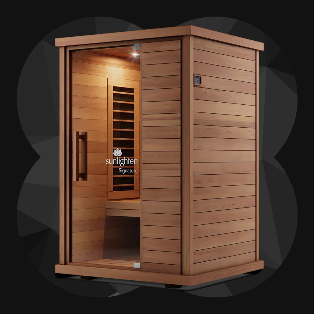 A wooden sauna with infrared lights on the wall.