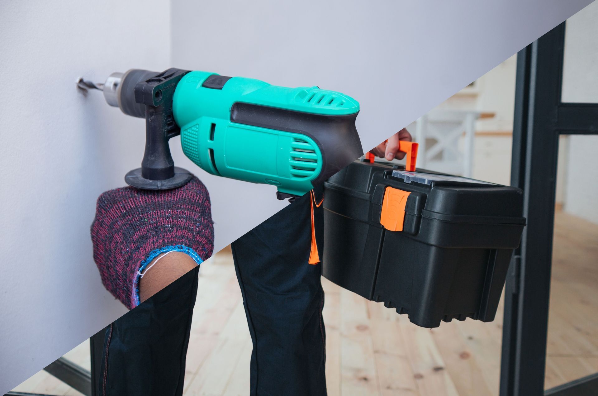 a person is drilling a hole in a wall and holding a toolbox .