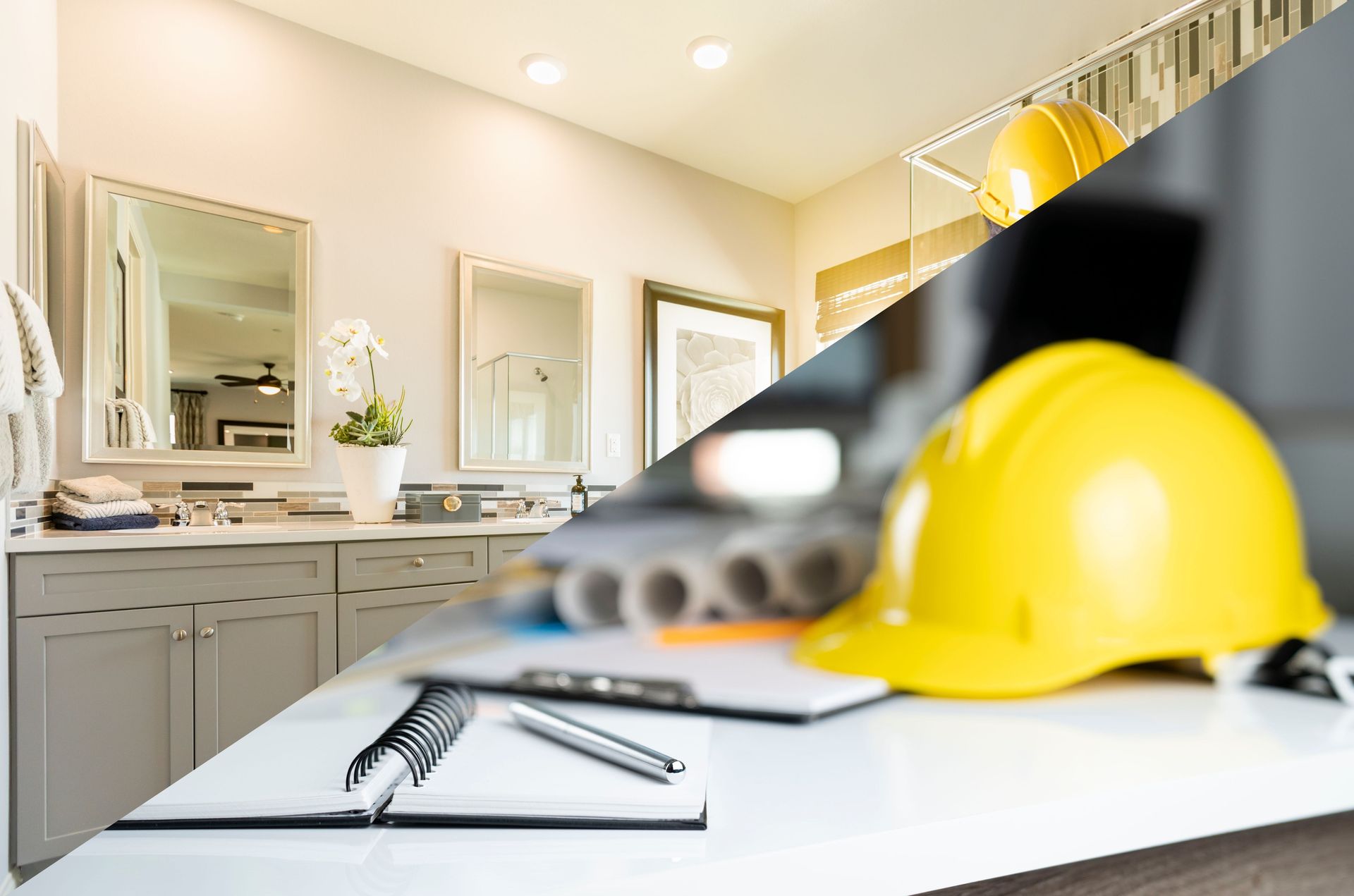 A hard hat is sitting on a table next to a bathroom.