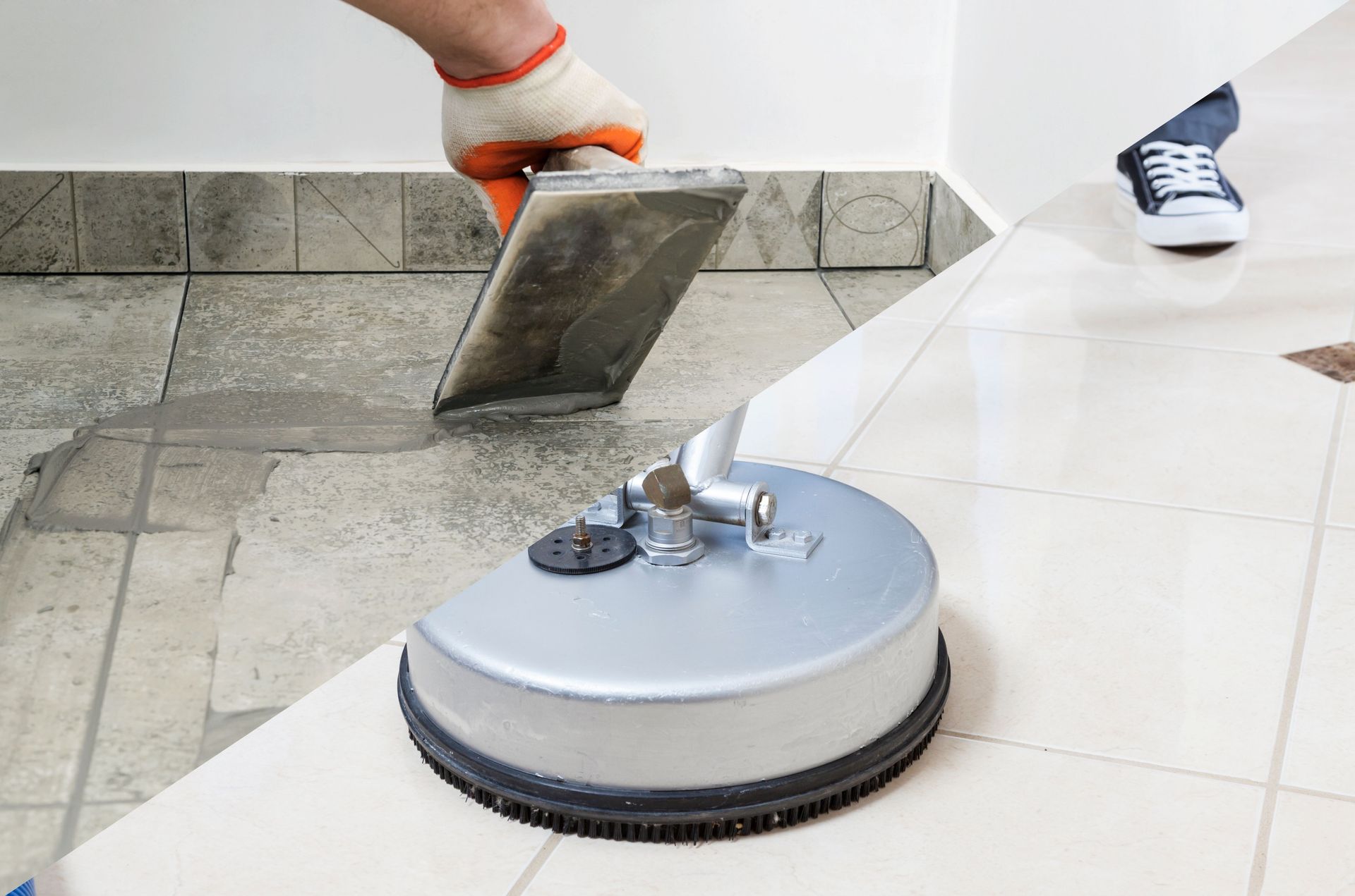 A person is cleaning a tile floor with a machine.