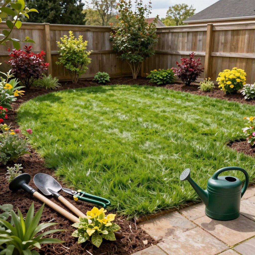 Lush backyard with a green lawn, garden beds, and gardening tools.