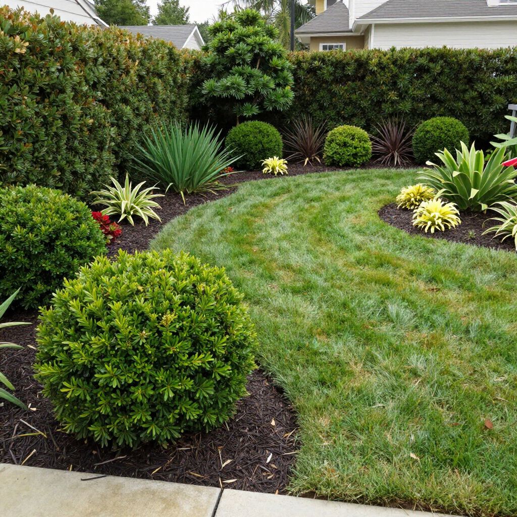 Lush green lawn with curving border filled with various plants, set against a tall hedge.