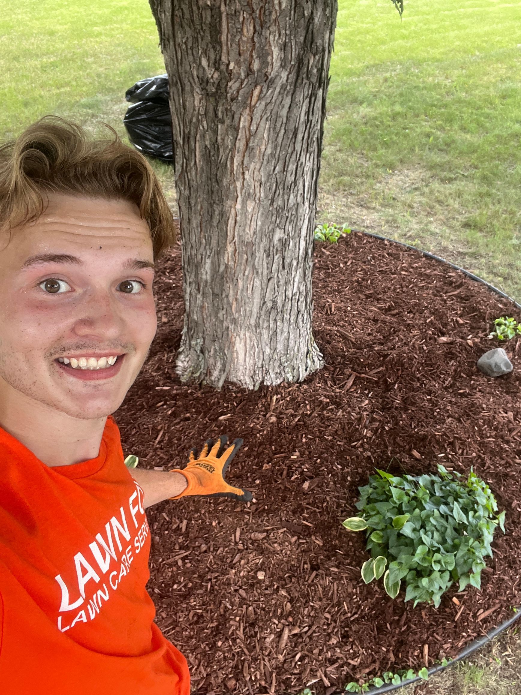 Young man in orange shirt points to mulched area around tree.